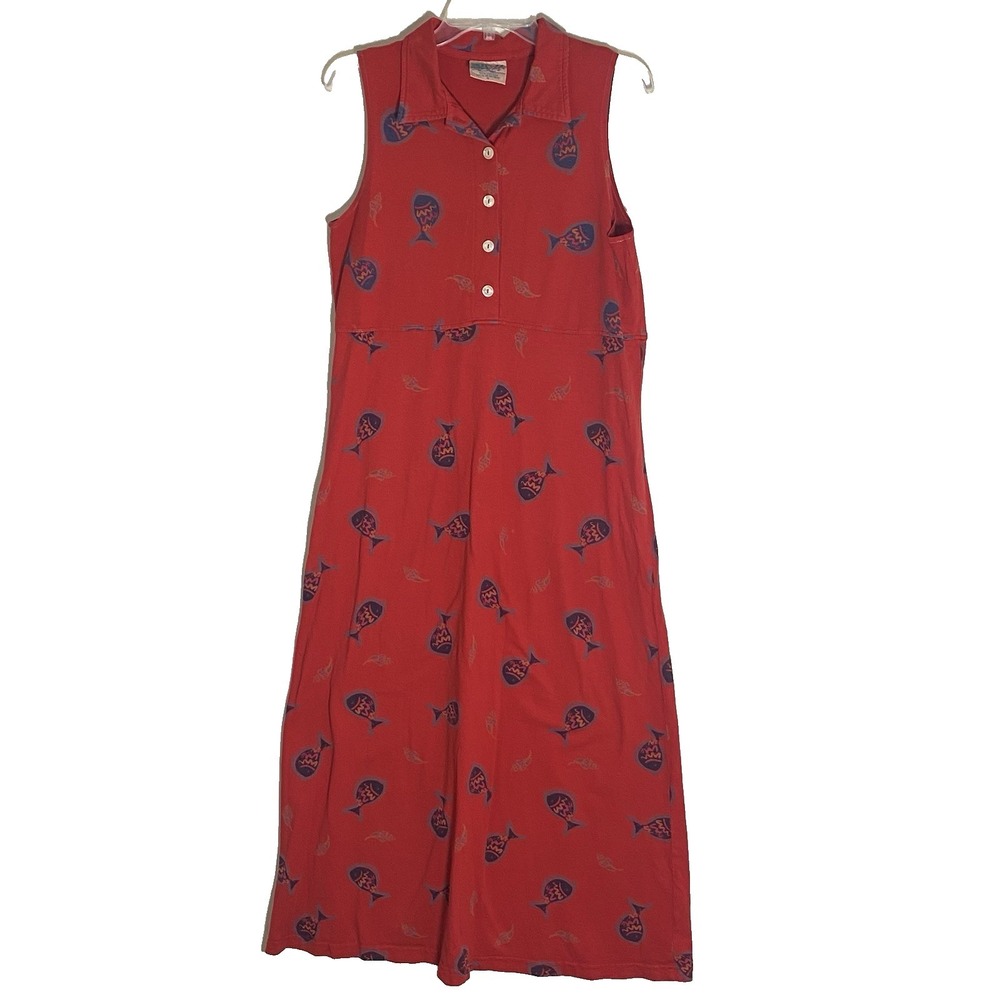 VTG Zip Code Brand Dress Womens Medium Red Fish Shells‎ Nautical Cotton Y2K 90s